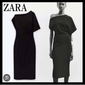ZARA - black, asymmetrical, off the shoulder, fitted, midi dress, size Large